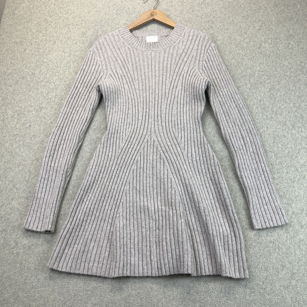 H&M Women's Size M Gray Ribbed Knit Fit & Flare Long Sleeve Sweater Dress